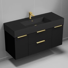 48 inch Floating Bathroom Vanity With Black Sink - Modern, Matte Black, Gold Handles